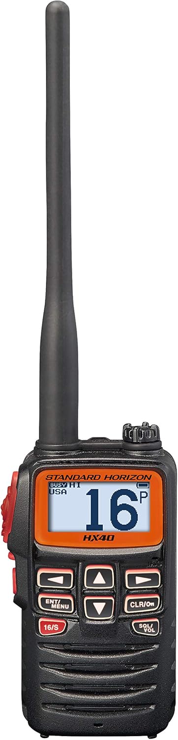 Standard Horizon HX40E 6 W ultracompacte marine handtransceiver met FM-radio-ontvanger. Bevat NOAA weerkanalen met weerwaarschuwing.