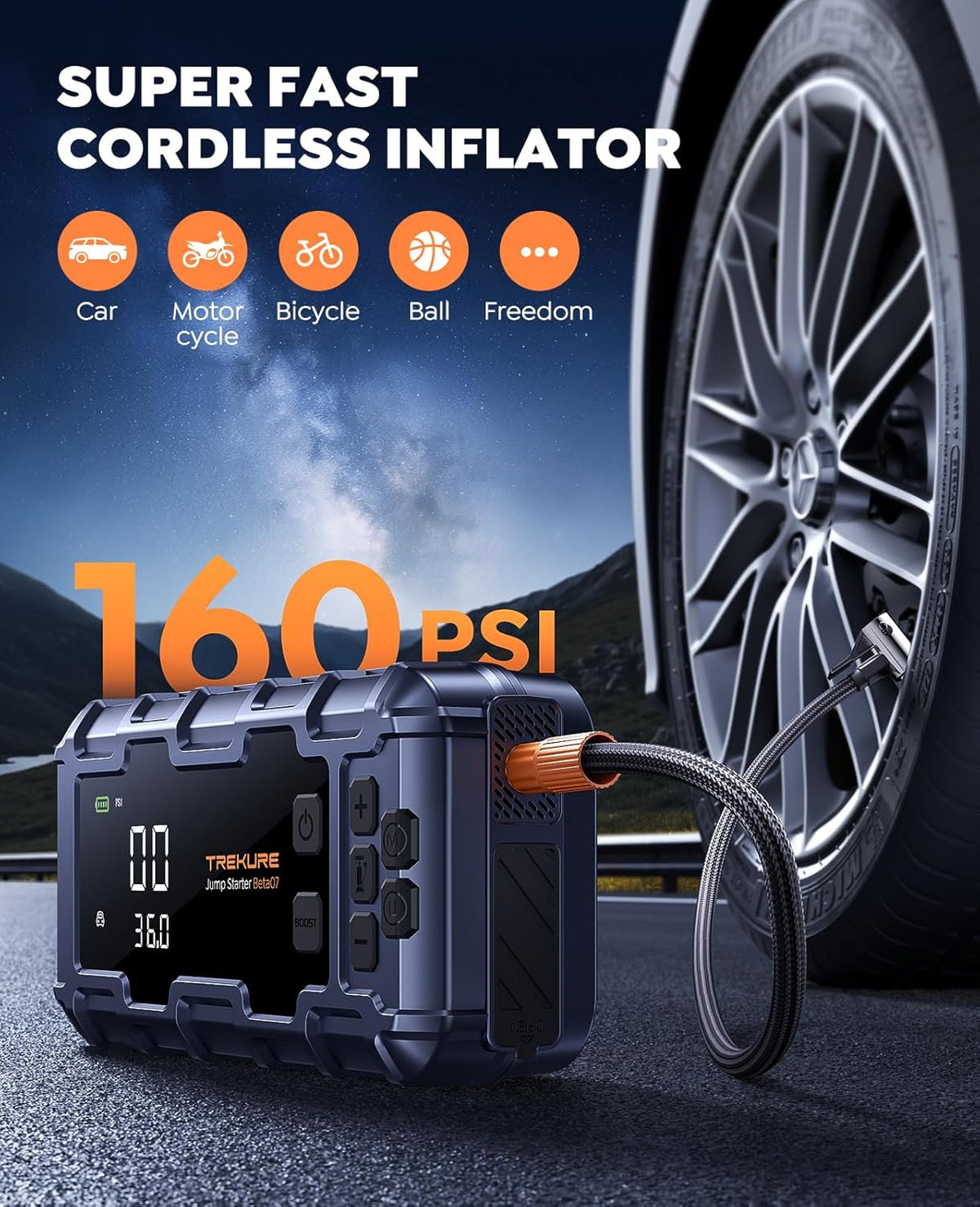 TREKURE 10-in-1 booster autostarthulp 7000 A en PD 45 W snel opladen, noodstarthulp voor auto met compressor 160 psi, handschoenen en lichten, accustarthulp voor alle gassen of 12 l diesel