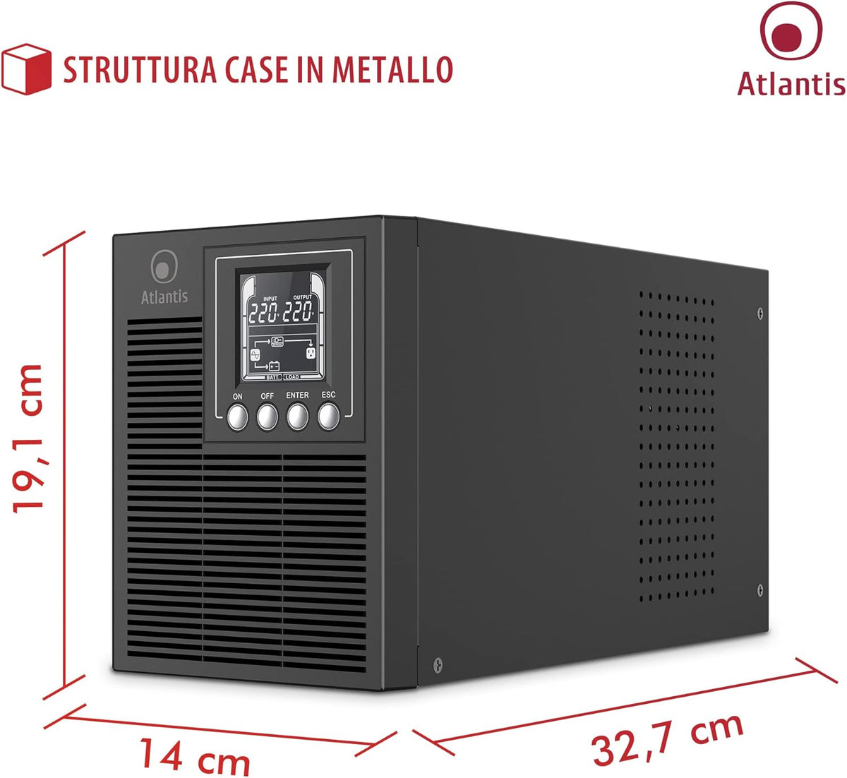 ATLANTIS A03-OP1002 UPS Ononderbroken stroomvoorziening Server Tower On Line dubbele converter 1000 VA 900 W, LCD-display, USB, serieel RS-232, 4 IEC-uitgangen, EPO, SNMP-sleuf, met 2 accu's 12V-9Ah, zwart