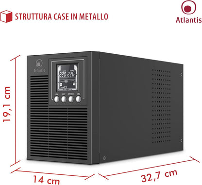 ATLANTIS A03-OP1002 UPS Ononderbroken stroomvoorziening Server Tower On Line dubbele converter 1000 VA 900 W, LCD-display, USB, serieel RS-232, 4 IEC-uitgangen, EPO, SNMP-sleuf, met 2 accu's 12V-9Ah, zwart
