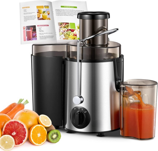 Sapcentrifuge - Slowjuicer - voor Groenten - Fruit - 800W - 65mm Vulopening - 3 Snelheden - Anti-Druppelfunctie - Oververhittingsbeveiliging - 15000-18000 rpm - RVS - 1.6L - Zilver