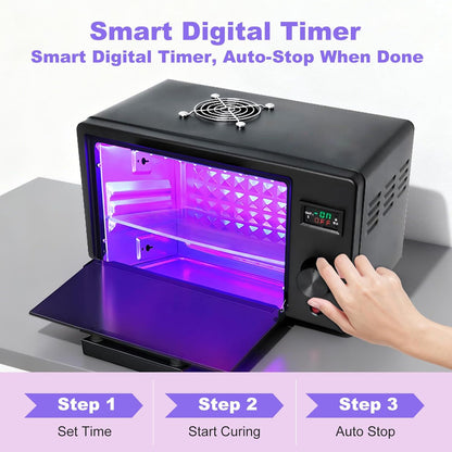 80 W uv-hars uithardingsmachine, met timer- en verwarmingsfunctie, geschikt voor snel uitharden van 3D-printhars, uv-lijm, drukinkt, luchtgekoeld hardingsapparaat (32,5 x 18 x 19,5 cm)