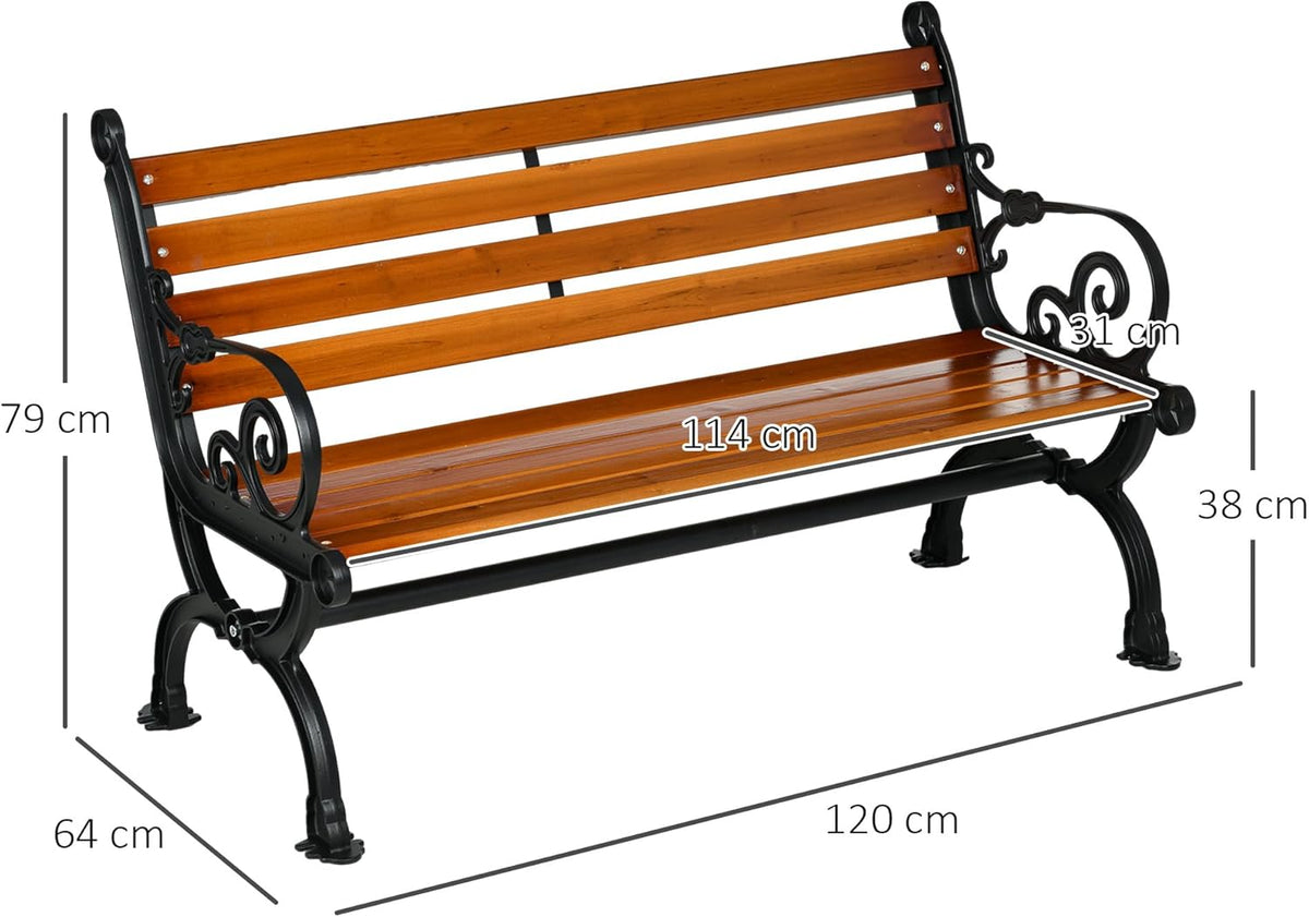 Outsunny Garden Bench Park Bench Double Sofa Balcony Bench with Armrests Garden Balcony Weatherproof Wood 120 x 64 x 79 cm Teak - QUORE