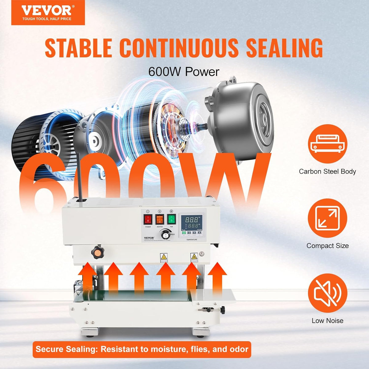 VEVOR Continuous bag sealing machine, sealing width 6-12mm, carbon steel vertical tape sealer with digital temperature control, for films plastic bags 0.02-0.8mm