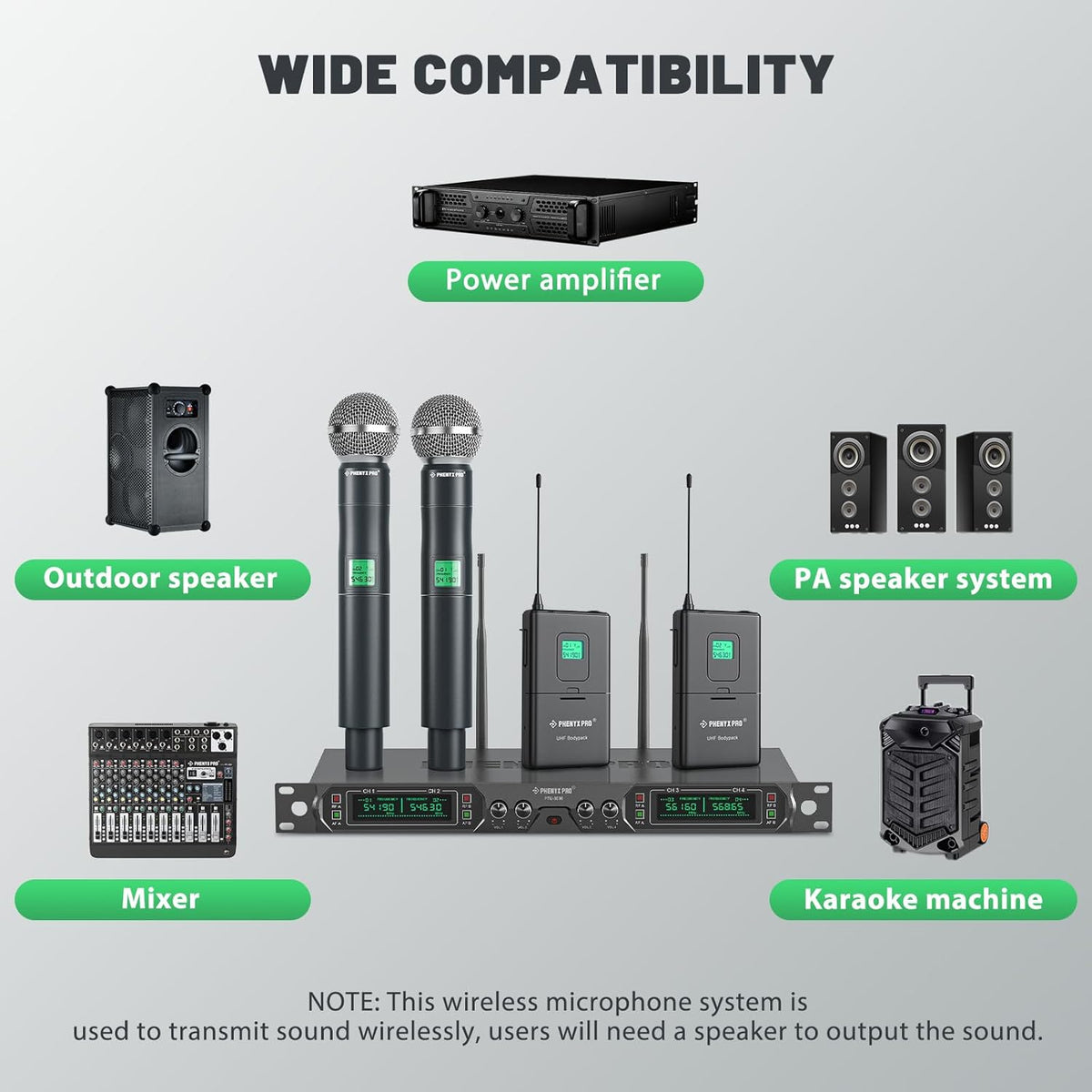 Phenyx Pro Draadloos microfoonsysteem, 4-kanaals UHF draadloze microfoonset met handheld/bodypack/headset/reversmicrofoons, metalen draadloze microfoon met vaste frequentie voor kerk, zingen, DJ