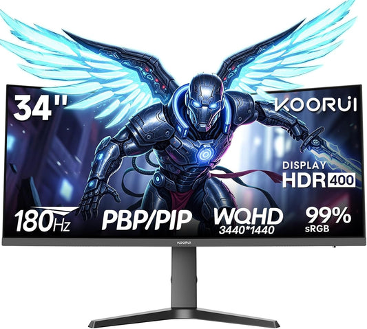KOORUI 34-Zoll Curved Monitor,Gaming Bildschirm,WQHD 3440×1440 VA,180Hz + 1 MS MPRT,HDR400,99% sRGB, unterstützt 110mm Höhenverstellung,Schwarz,Für Heimkino,Büroalltag,Designbearbeitung - QUORE