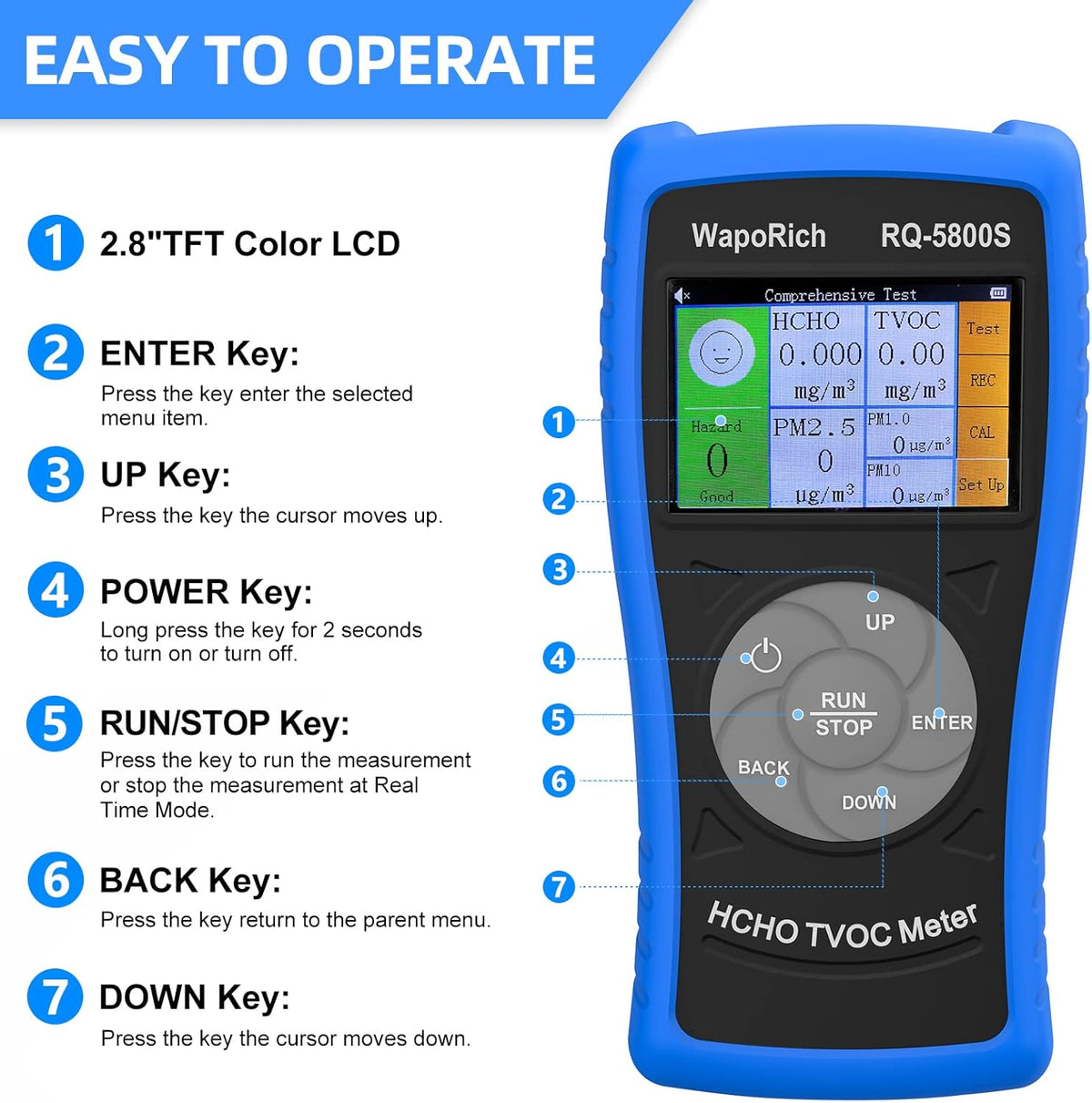 3-in-1 luchtkwaliteitsmonitor RQ-5800S, formaldehyde-detector, TVOC, HCHO-monitor voor het testen van PM2,5, PM10, HCHO, TVOC, USB-oplaadbaar, voor binnen, buiten, slaapkamer