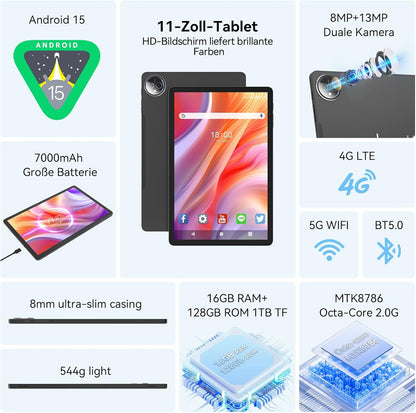 FEONAL 11 Inch Android 15 Tablet Octa-Core 16GB RAM 128GB ROM+1TB, 13MP+8MP Camera, 5G WiFi & Bellen, Met Muis/Toetsenbord/Pen