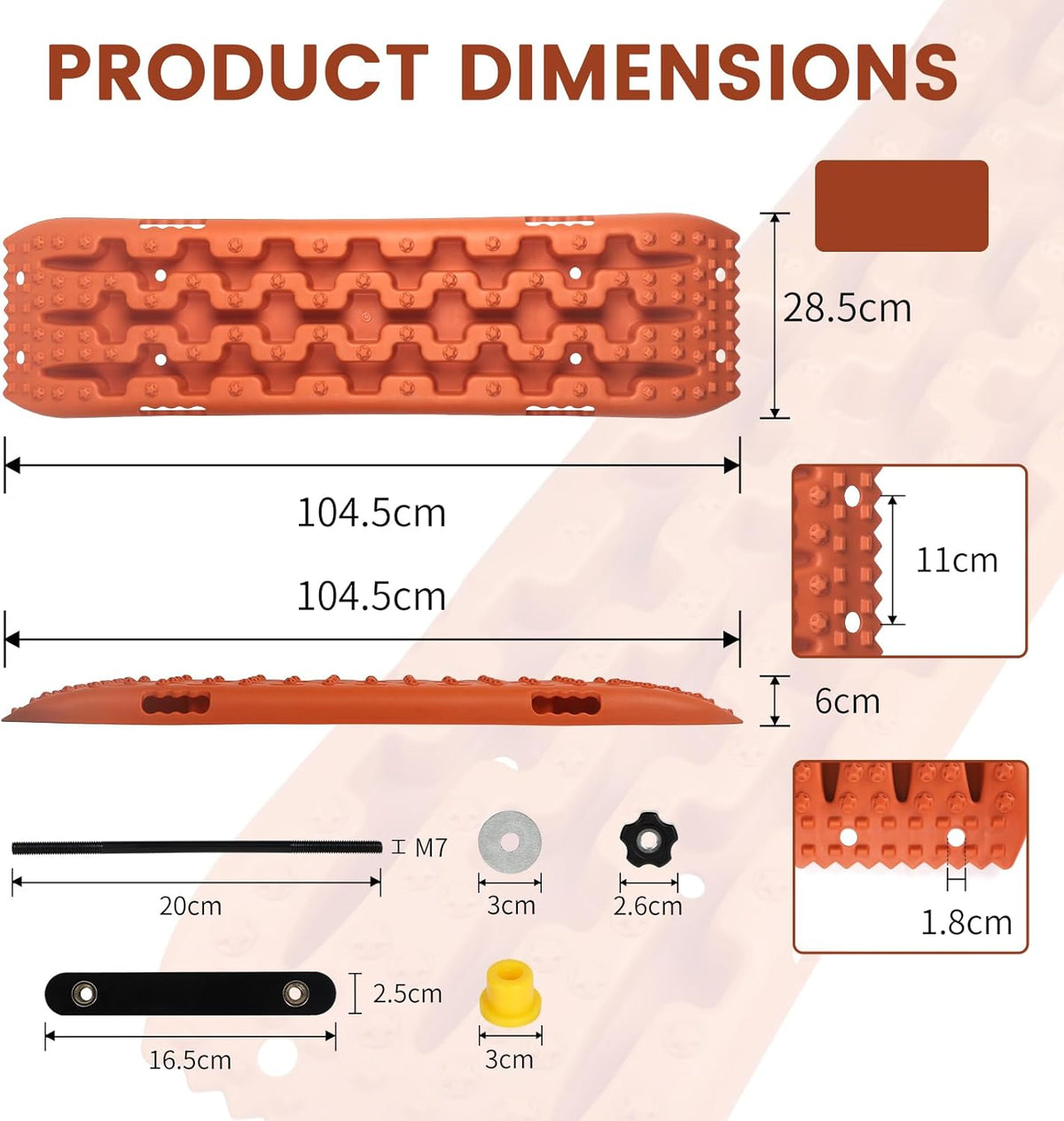 Zandplaten - Bandenladder - Autoaanhanger - Set van 2 - Tractiemat - Gripmat - Offroad-Accessoires - Recovery Board - Tractiehulp - Oprijwiggen - voor Zand - Modder - Sneeuw - 103 x 27 x 5,5 cm - Oranje