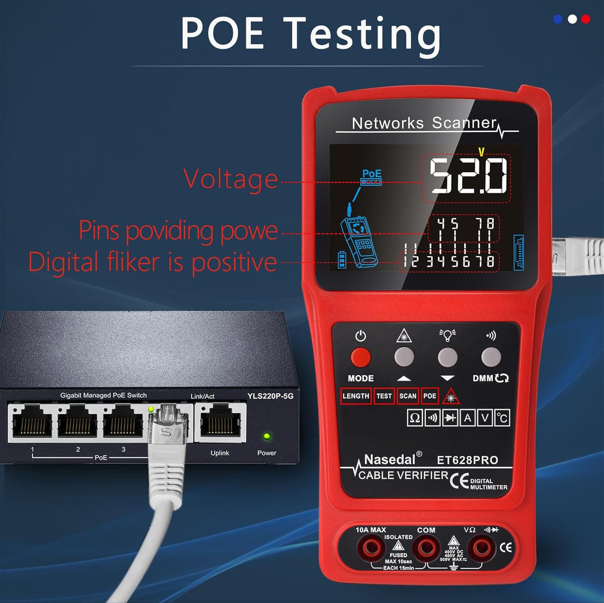 Netwerkkabeltester, draadtracker, geluidsgenerator, ethernet, tester, multimeter, VFL 3 in 1 RJ45, CAT5, CAT6, CAT7, CAT8, RJ11, klank, BNC tester, PoE-testkabel, lengte kabel