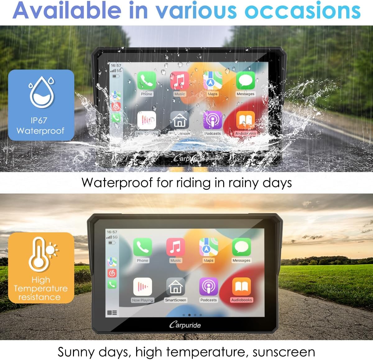 Motorfiets CarPlay Scherm – Draadloze CarPlay – Android Auto – Moto Display – Motor GPS Touchscreen – 7 Inch HD IPS – IP67 Waterdicht – Dual Bluetooth Connectivity