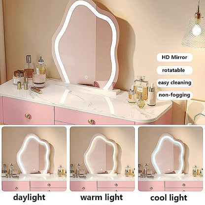 Vanity Desk with 3-Color Lighted Mirror, Makeup Vanity Table Set with Lights & Charging Station, 5 Drawers, Shelves, Dressing Table with Stool for Women Girls (Color : B) - QUORE
