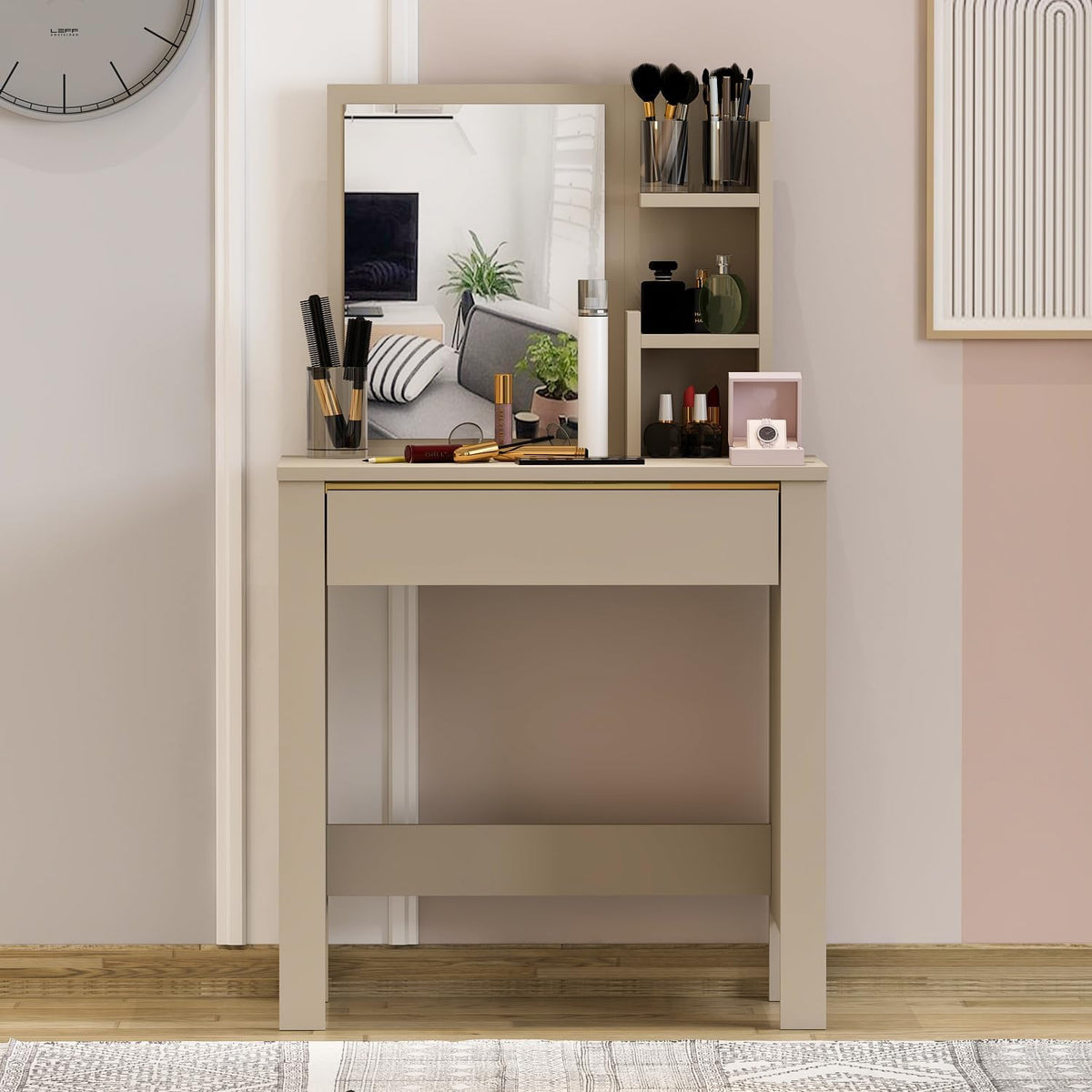 Make-uptafel – Kaptafel – Make-upmeubel – Schminktafel – Opbergmeubel – Compacte Afmetingen 72x40x124 cm – Onderhoudsvriendelijk Melamine Oppervlak (Beige)