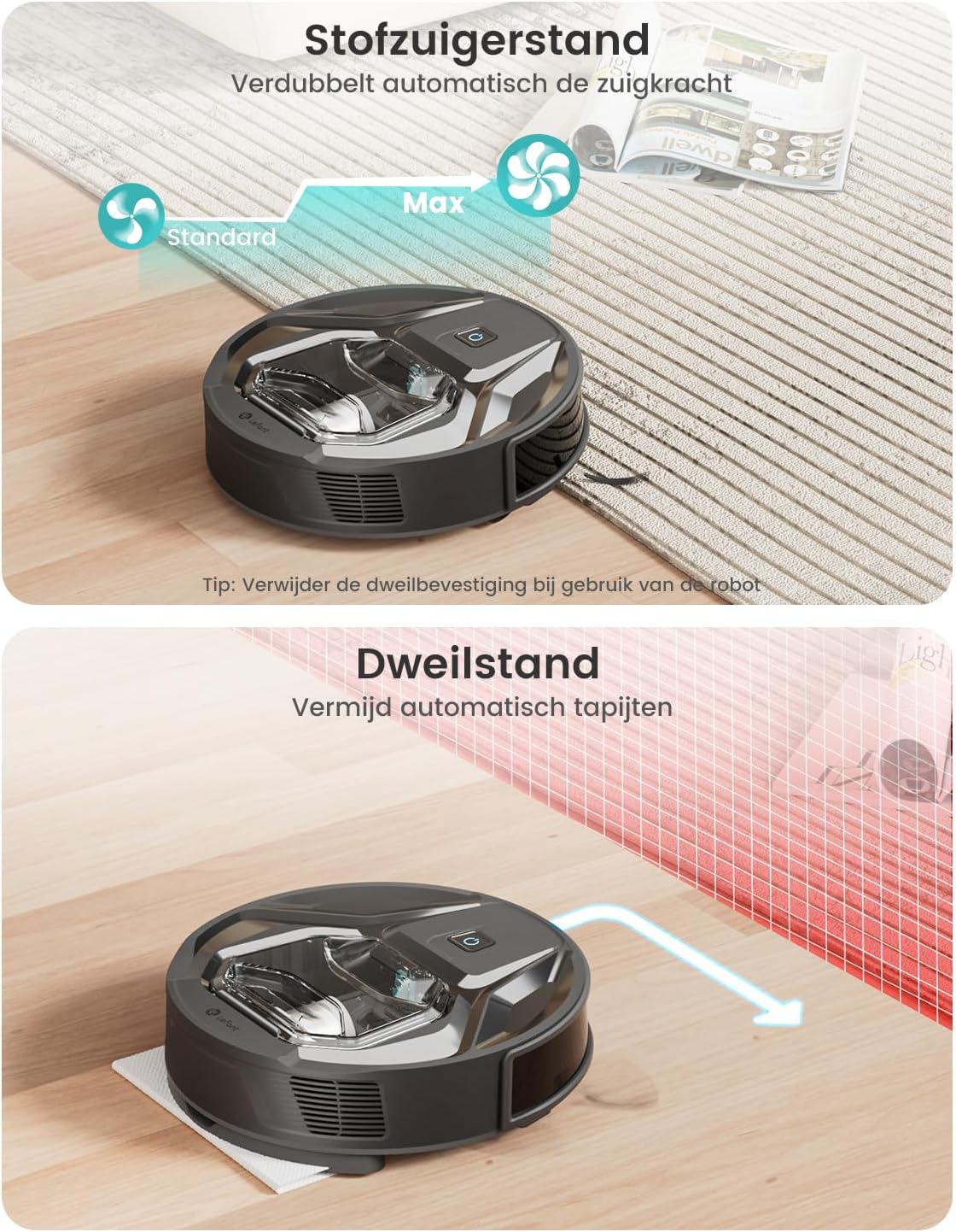 Lefant Robotstofzuiger M320, 6000 Pa Zuigkracht, Borstelvrij Ontwerp voor Dierenhaar, PSD Obstakelvermijding, Ultrasone Tapijtdetectie, 3-in-1 Stofzuigen en Dweilen, App- en Spraakbediening