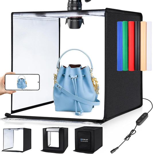 PULUZ Fotostudioset, 60 x 60 cm, draagbaar, groot, voor productfotografie, lichtgevende tent, 5500 K, dimbaar, witte ledverlichting, met 6 achtergronden
