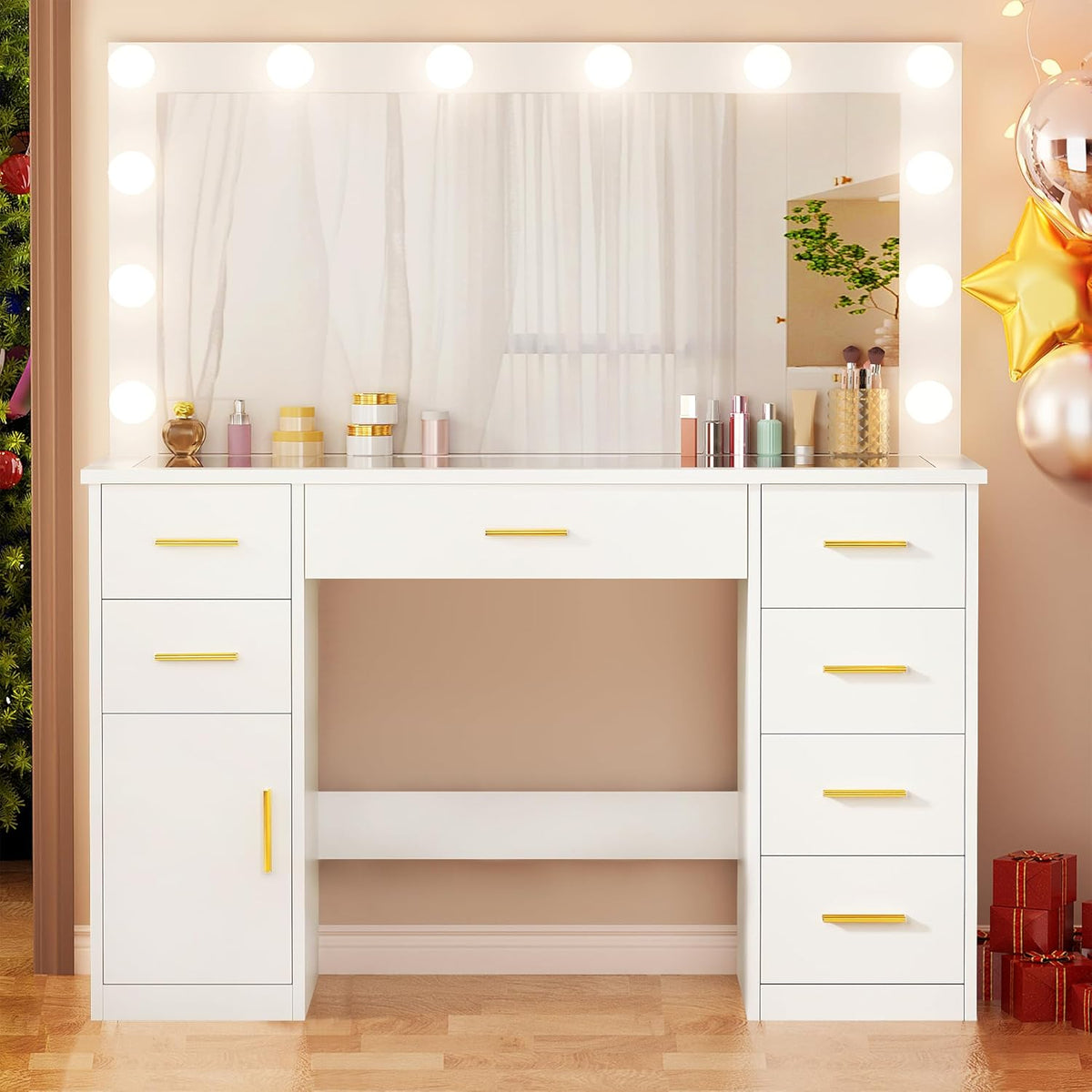 ANWBROAD Large Dressing Table with 3 Adjustable LED Lights and Socket, Modern Vanity Table with Mirror, Dressing Table with Glass Top, 7 Drawers, White 140 x 110 x 40 cm BDT83W - QUORE