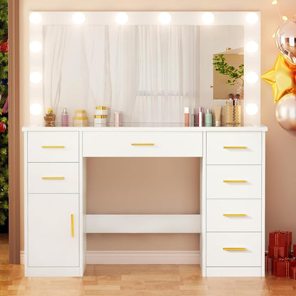 ANWBROAD Large Dressing Table with 3 Adjustable LED Lights and Socket, Modern Vanity Table with Mirror, Dressing Table with Glass Top, 7 Drawers, White 140 x 110 x 40 cm BDT83W - QUORE