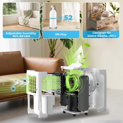 Luchtontvochtiger, elektrische luchtontvochtiger, 26 l/24 uur, ruimtegrootte ca. 80 m³ (40 m²), stille elektrische ontvochtiger, 24-uurs timer, waterreservoir 4,3 l, luchtontvochtiger voor