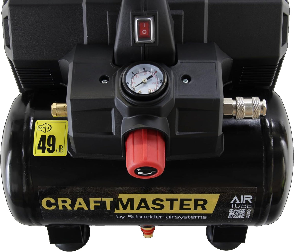 SCHNEIDER CRAFTMASTER, stille, draagbare, olievrije compressor, tank van 6 liter, maximale druk: 8 bar, vermogen: 0,75 pk, geluidsniveau: 49 dB LwA