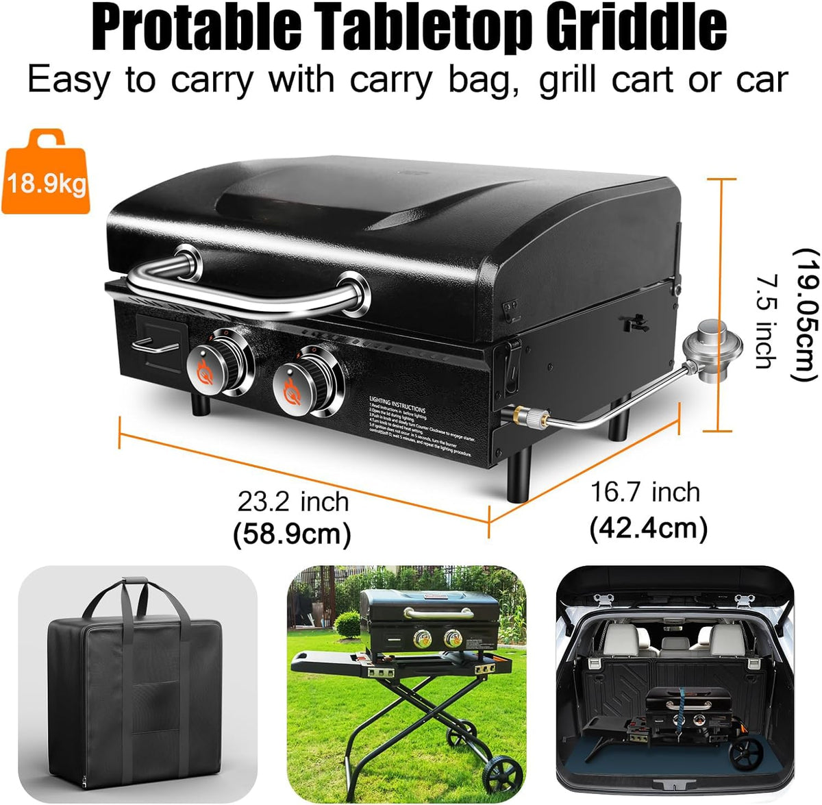 GFTIME Tafelgrill Griddle 2 branders met kap, plancha gasgrill met platte bovenkant, Griddle propaangrill met draagtas, 22 inch, 48.000 BTU, keramische grillplaat met antiaanbaklaag