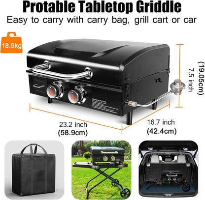 GFTIME Tafelgrill Griddle 2 branders met kap, plancha gasgrill met platte bovenkant, Griddle propaangrill met draagtas, 22 inch, 48.000 BTU, keramische grillplaat met antiaanbaklaag