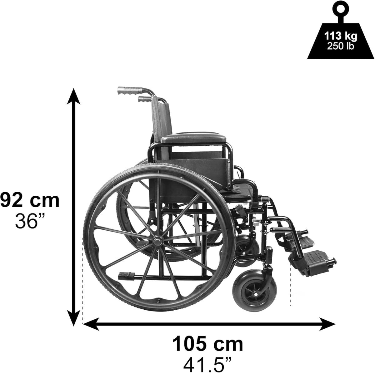 PEPE Mobility Zelfrijdende Vouwrolstoel (Zitting 46 cm), Stalen Frame met Rem, Opklapbare Armleuningen en Voetsteunen, Veiligheidsgordel