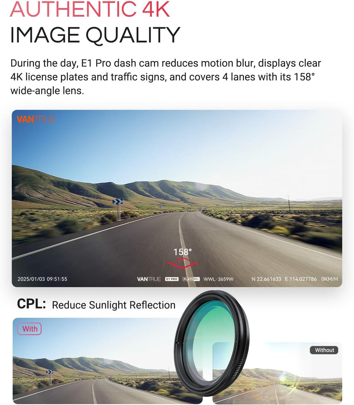 VANTRUE E1 Pro 4K Mini Dash Cam Voorkant, STARVIS 2 Plate Pix™ HDR Nachtzicht Autocamera, Ingebouwde 5G WiFi GPS, 1,54'' scherm, LTE-ondersteuning, Spraakbesturing, 24H Gebufferde Parkeermodus, On