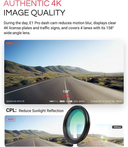 VANTRUE E1 Pro 4K Mini Dash Cam Voorkant, STARVIS 2 Plate Pix™ HDR Nachtzicht Autocamera, Ingebouwde 5G WiFi GPS, 1,54'' scherm, LTE-ondersteuning, Spraakbesturing, 24H Gebufferde Parkeermodus, On