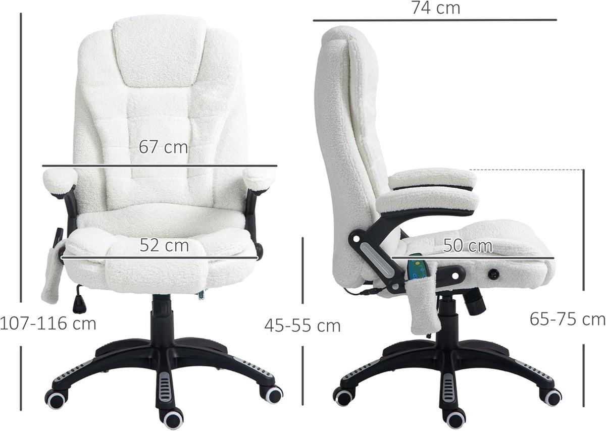 Massage- En Verwarmde Bureaustoel – Bureaustoel – Ergonomische Stoel – Kantoormeubel – Werkstoel – Verstelbare Hoogte en Rugleuning – Ingebouwde Massage- En Verwarmingsfunctie – 360° Draaibaar – Polyesterstof Wit