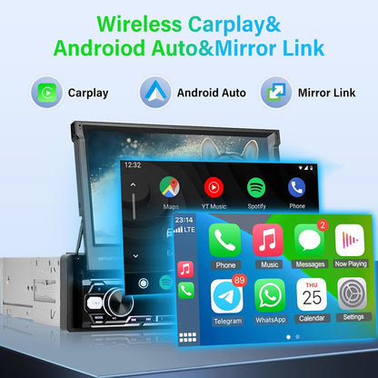 NHOPEEW Din autoradio met schermondersteuning Draadloos Carplay en Android Auto - 7 inch HD uitklapbaar touchscreen autoradio met GPS Mirror Link SWC FM/AM/RDS AUX USB U Disk + microfoon