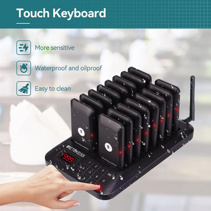 Retekess TD157 Pager Systeem, Oproepsysteem Restaurant, 16 Pagers, 300 mAh 20H, 2 Oproepmodi, Gemakkelijk te Gebruiken, Waterdicht Aanraaktoetsenbord, Semafoonsysteem voor Bar, Ziekenhuis, Hotel