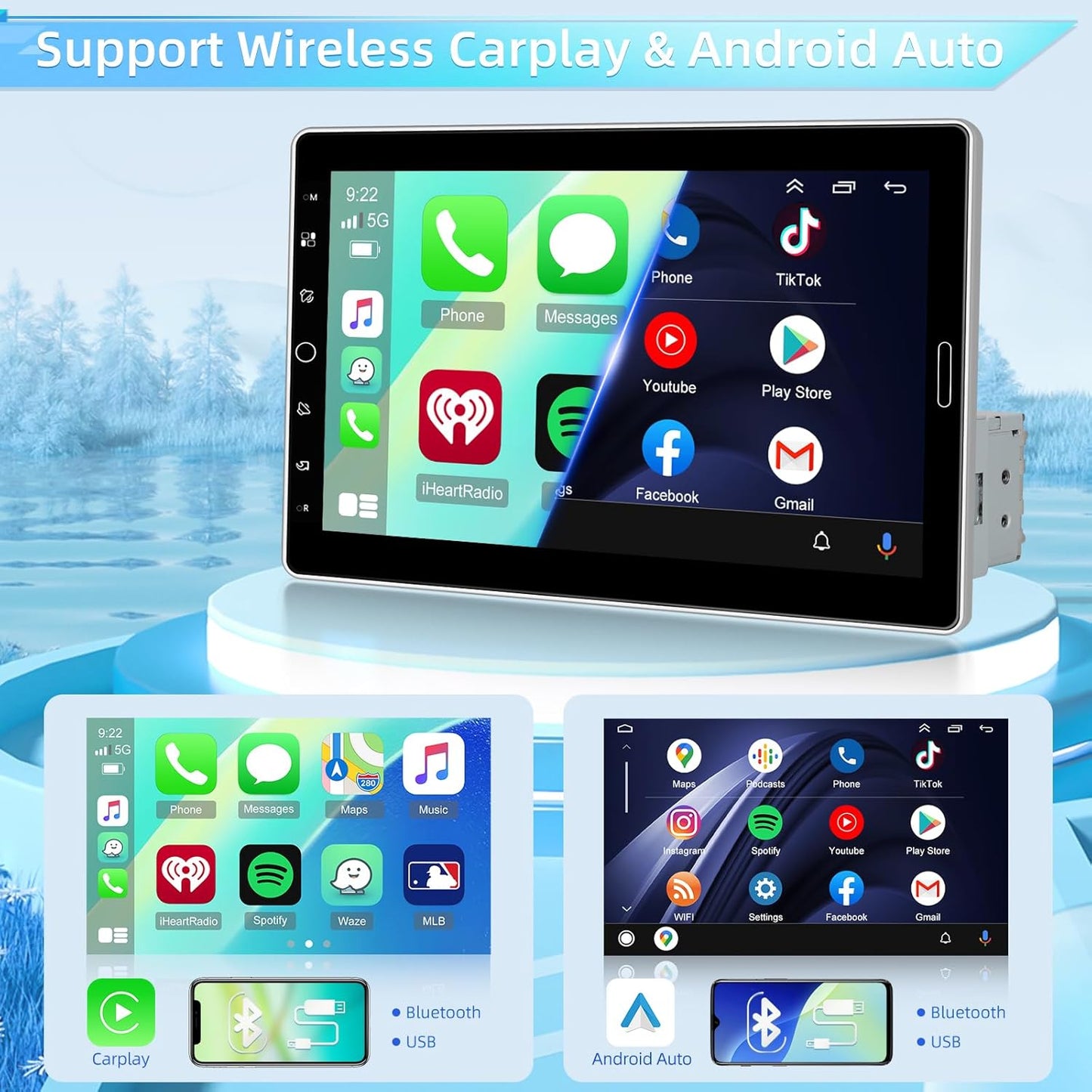 NHOPEEW 1 DIN autoradio met draadloze Carplay en Android auto - 10,1 inch autoradio ondersteuning online video FM/AM stuurbediening + 12 LED achteruitrijcamera