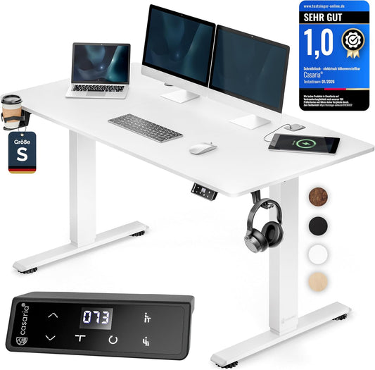 CASARIA Electric Sit-Stand Desk 120x60cm Height Adjustable 72-117cm with Memory Function Wireless Charger USB-C USB-A Ergonomic Desk Table for Home Work and Office White - QUORE