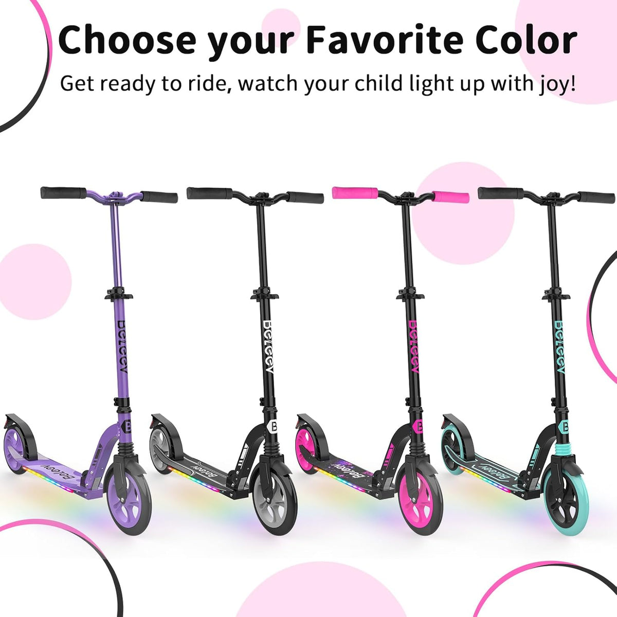 BELEEV V10 Big Wheel Scooter voor kinderen vanaf 6 jaar, met oplichtend dek, opvouwbare scooter met 2 wielen voor volwassenen en tieners, 5 verstelbare hoogte, lichtgewicht sport forenzen scooter met