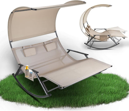 Outdoor Double Lounger Sun Lounger for 2 People with Sun Canopy Bag Double Rocking Chair up to 250 kg Breathable Fabric Versatile Choice of Colours for Garden, Balcony, Patio (Beige) - QUORE