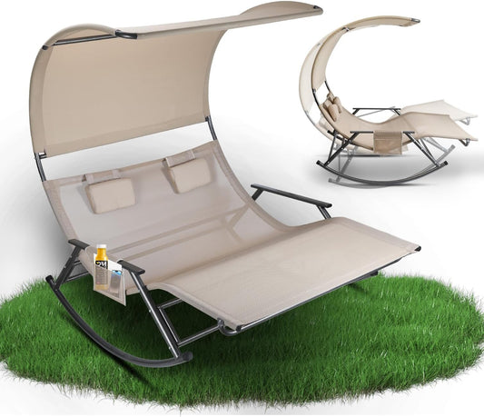 Outdoor Double Lounger Sun Lounger for 2 People with Sun Canopy Bag Double Rocking Chair up to 250 kg Breathable Fabric Versatile Choice of Colours for Garden, Balcony, Patio (Beige) - QUORE
