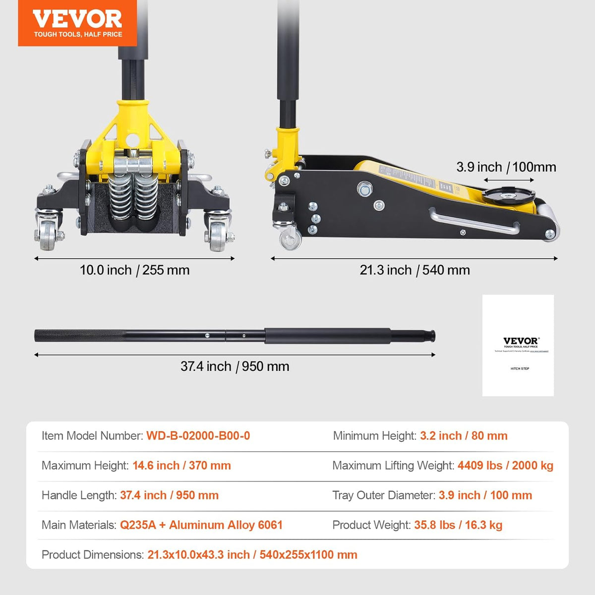 VEVOR Rolkrik 2 ton, hydraulische vloerkrik met laag profiel, hefhoogte 80-370 mm, van staal en robuust aluminium, snelle hefpomp met dubbele zuiger, voor het heffen van vrachtwagen, SUV, werkplaats