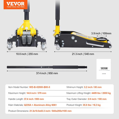 VEVOR Rolkrik 2 ton, hydraulische vloerkrik met laag profiel, hefhoogte 80-370 mm, van staal en robuust aluminium, snelle hefpomp met dubbele zuiger, voor het heffen van vrachtwagen, SUV, werkplaats
