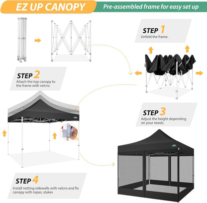 COBIZI Paviljoen, 3x3, vouwpaviljoen, waterdicht, stabiel, partytent, tuinpaviljoen, uv-bescherming met 4 zijwanden van mesh, zwart
