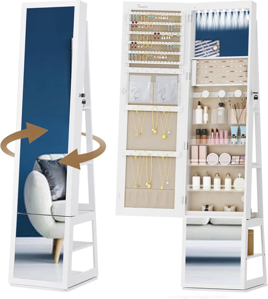 Hzuaneri Jewellery cabinet, with 360° rotating base, lockable mirror in full length, large 4-stage storage compartments, 4-in-1 multifunctional (white and beige)
