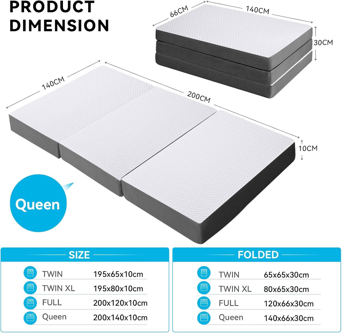 Dubbel vouwmatras, opvouwbare matras, dubbele, drievoudige traagschuimmatras met wasbare hoes, geschikt voor reizen, kamperen, vloer, gastenbed (140 x 200 x 9,5 cm)