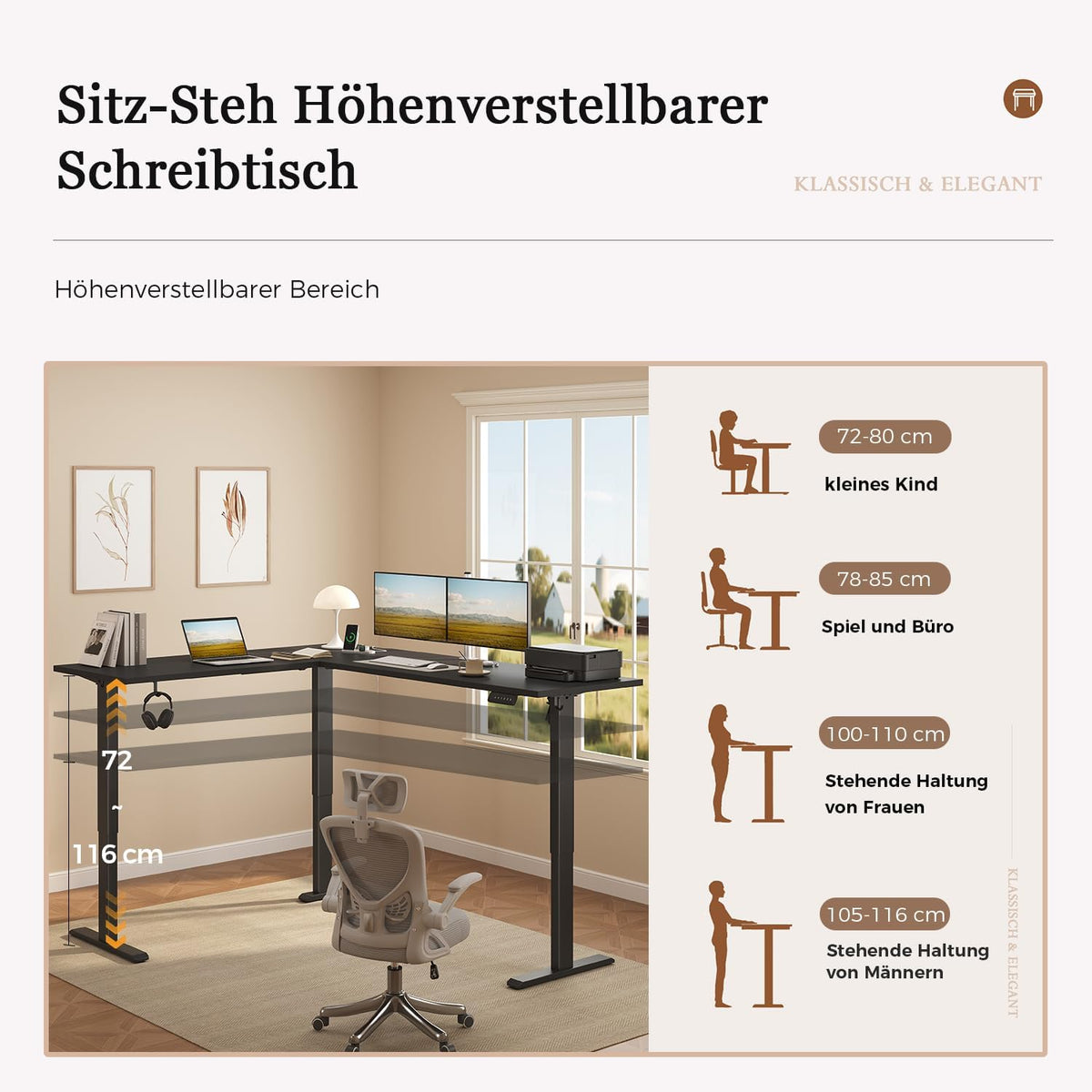 Klicelor L-shaped Electric Adjustable Desk, 160x140cm L Shape Standing Desk with 3 Memory Functions and Anti-collision Technology, Ergonomic Computer Table, Black - QUORE