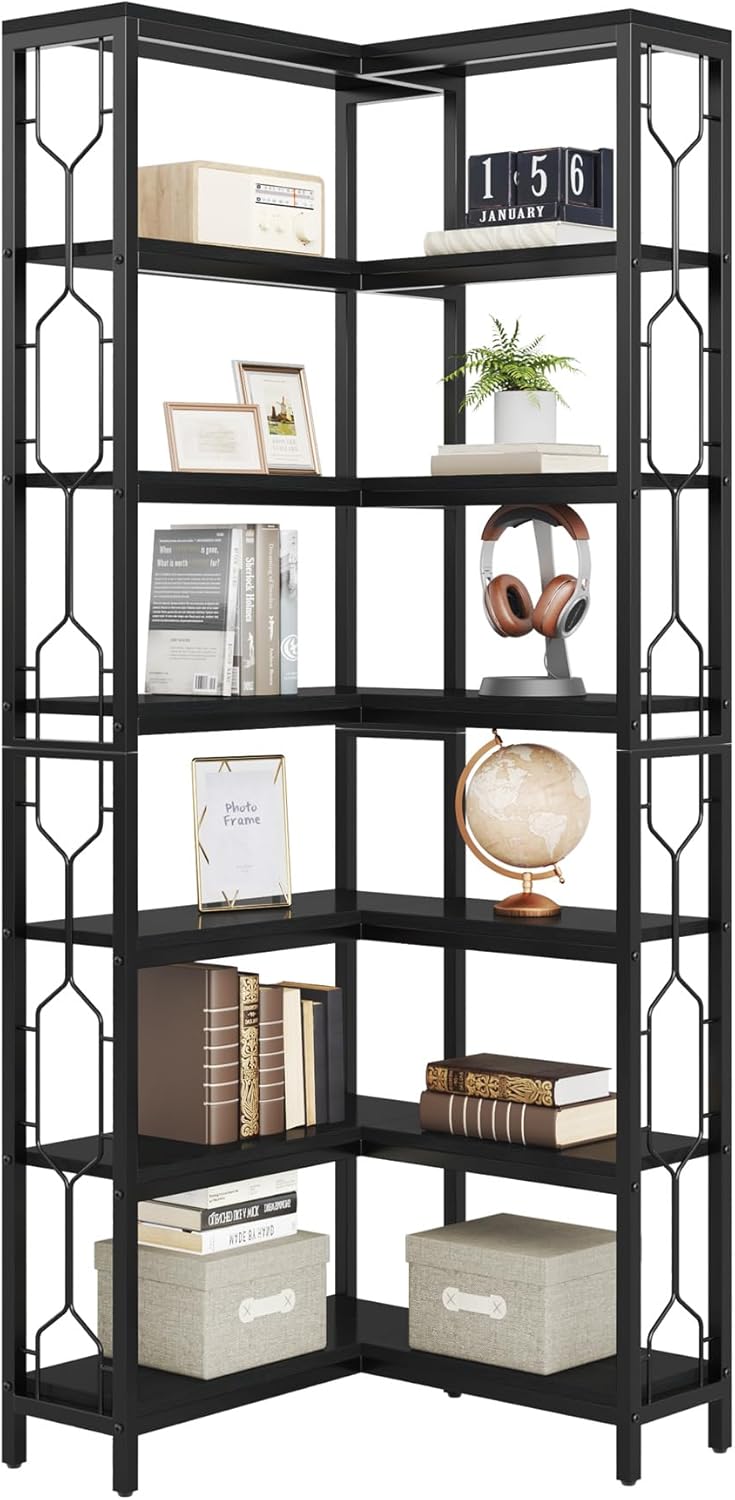 Tribesigns Corner Shelf, 7 Tier Industrial Corner Bookshelf, Wooden and Metal Corner Bookcase, Freestanding Display Shelf for Living Room, Kitchen, Home Office, Black
