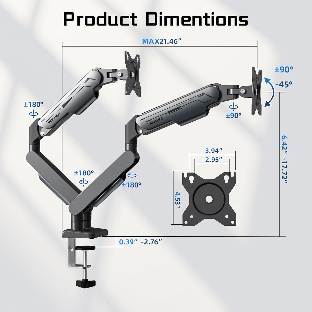 Fydeamer Dubbele monitorarm, zware gasveerbevestiging voor schermen van 17-32 inch tot 9 kg, volledig beweegbare bureausteun met VESA 75 x 75/100 x 100 mm compatibiliteit, donkergrijs
