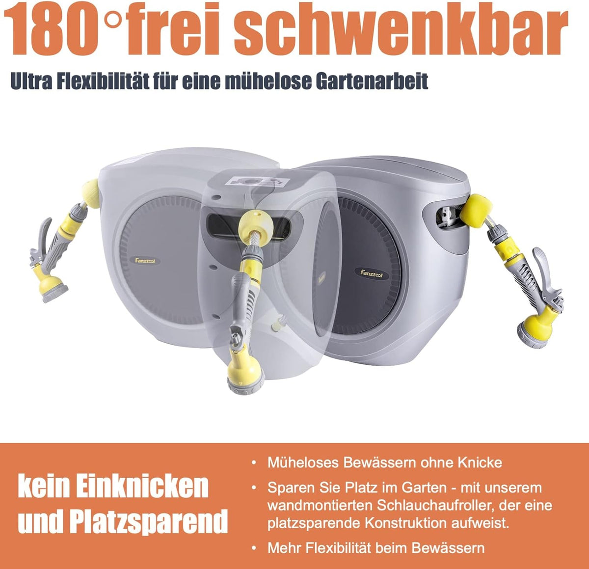 FANZTOOL 35 m + 2 m slanghaspel set met wandhouder incl. 8-functies multi-handdouche | automatisch oprollen | 180° draaibaar | tuinslang RoHS getest
