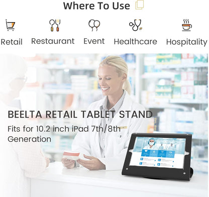 Retail iPad-Standaard Voor 10,2 Inch 9e 8e 7e Generatie, Zakelijke Desktop POS Standaard, Antidiefstal Kiosk Aanrecht Houder, 360° Draaibare Basis, Metaal, Zwart