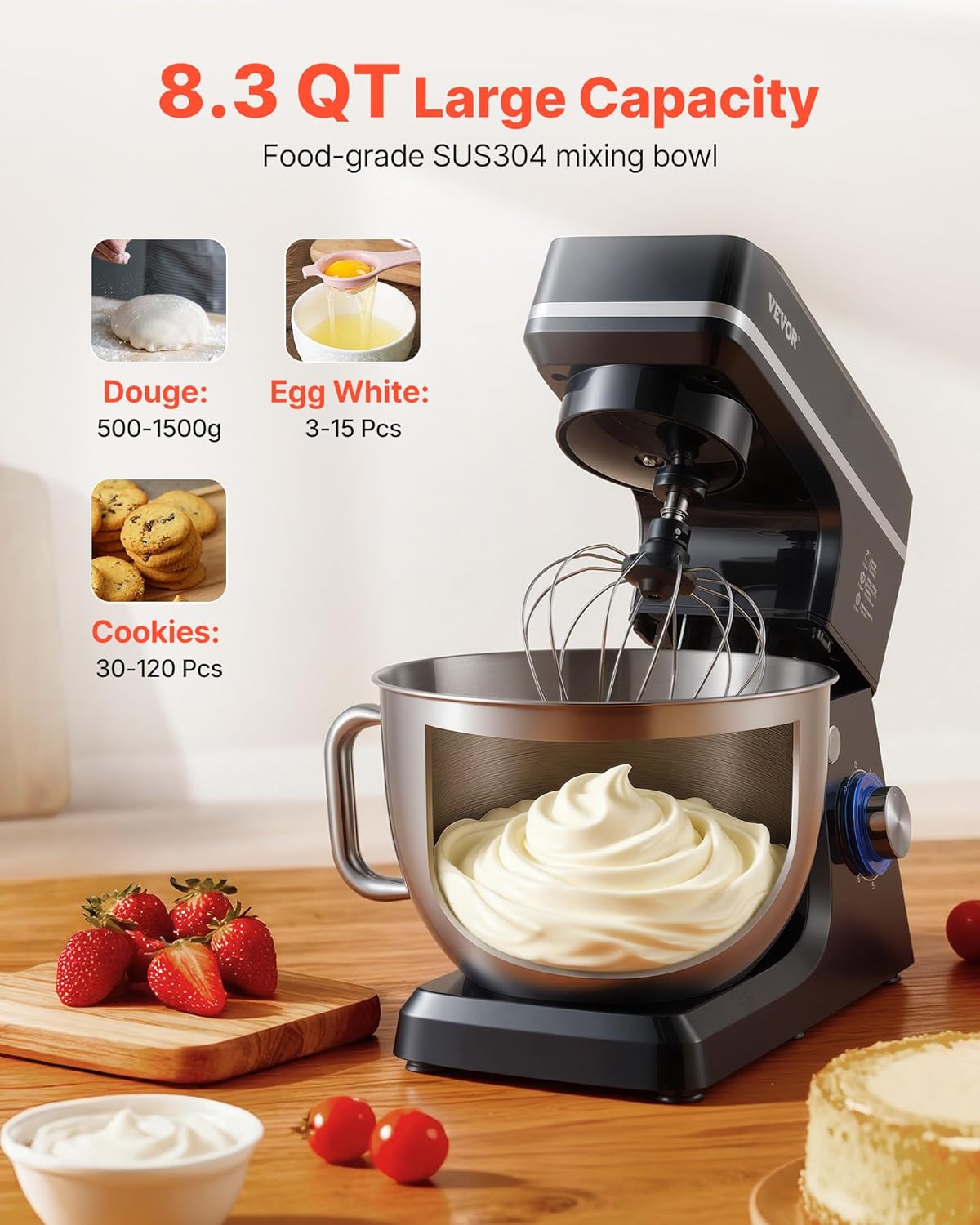 VEVOR Keukenmachine, deegmixer, 1400 W, 7,84 l, keukenmachine met kantelbare kop, roestvrijstalen kom, deeghaak, garde, schraper, huishoudelijke keukenmachine voor bakken en mixen, zwart