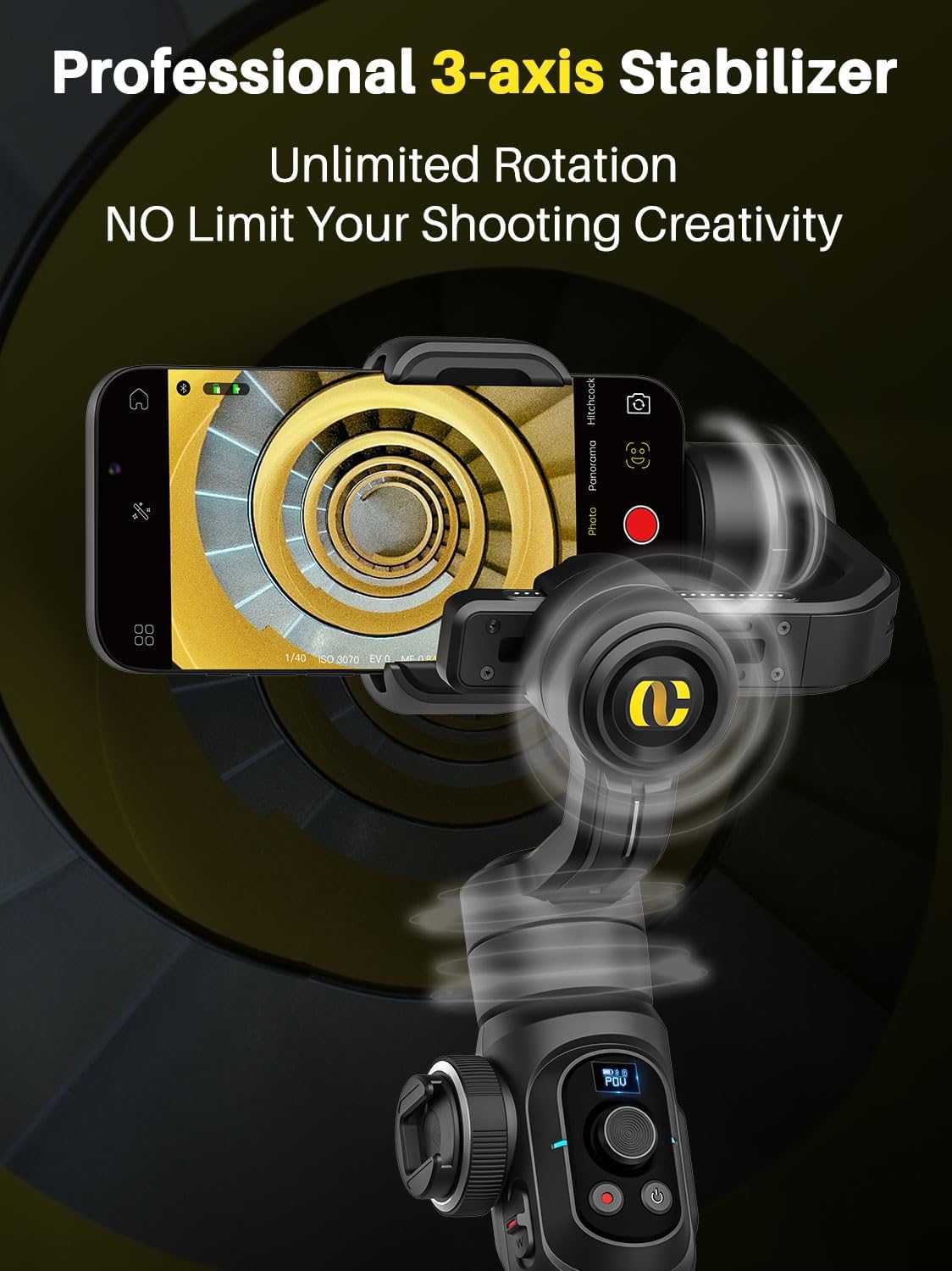 AOCHUAN Professionele cardanische stabilisator voor smartphone, ingebouwde 18 cm verlengstang en krachtig vullicht, 360 ° inceptie, Face&Object Tracking Stabilizer, 3-assige gimbal voor iPhone en