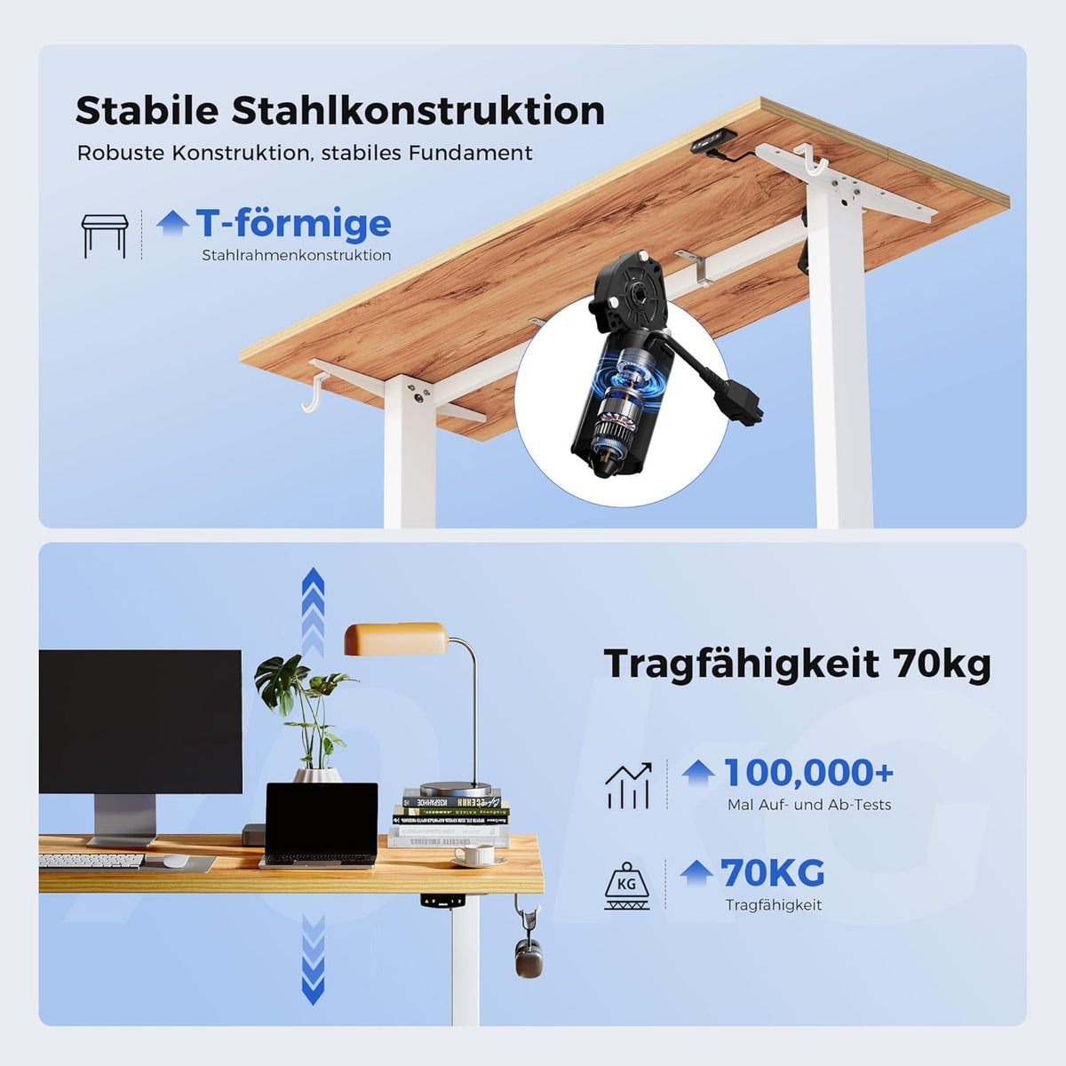 Agilestic In hoogte verstelbaar bureau 140 x 60 cm, stabiel bureau met elektrische hoogteverstelling en handmatige bediening met geheugen, ergonomisch bureau om staand of zittend te werken, lichtbruin