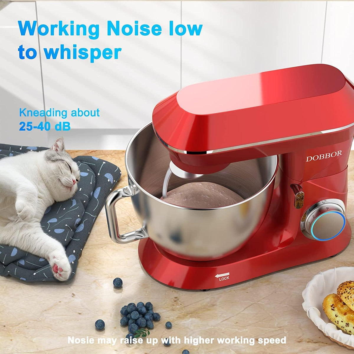 DOBBOR Staande mixer, 8,5 l, 1500 W, 7 snelheden, voedselmixers voor bakken, bakken, koekjes, cake, elektrische keukenmixers met douchehaak, whisk, beater, spatbescherming en mengkom,